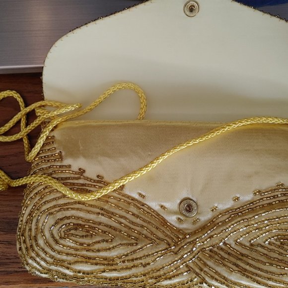 Yellow Satin Clutch Purse Fabric with Gold Bead Detail Art Deco Motif - Picture 4 of 4